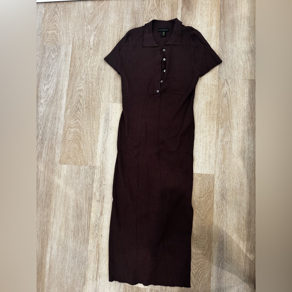 House of Harlow Ribbed Polo Collar Midi Dress in Brown
